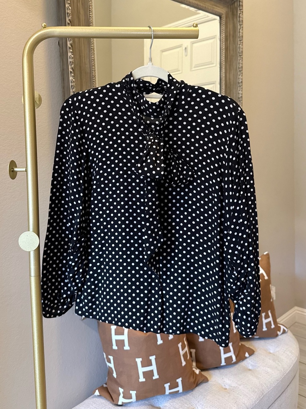Zara Black and White Polka Dot Tie-Neck Blouse